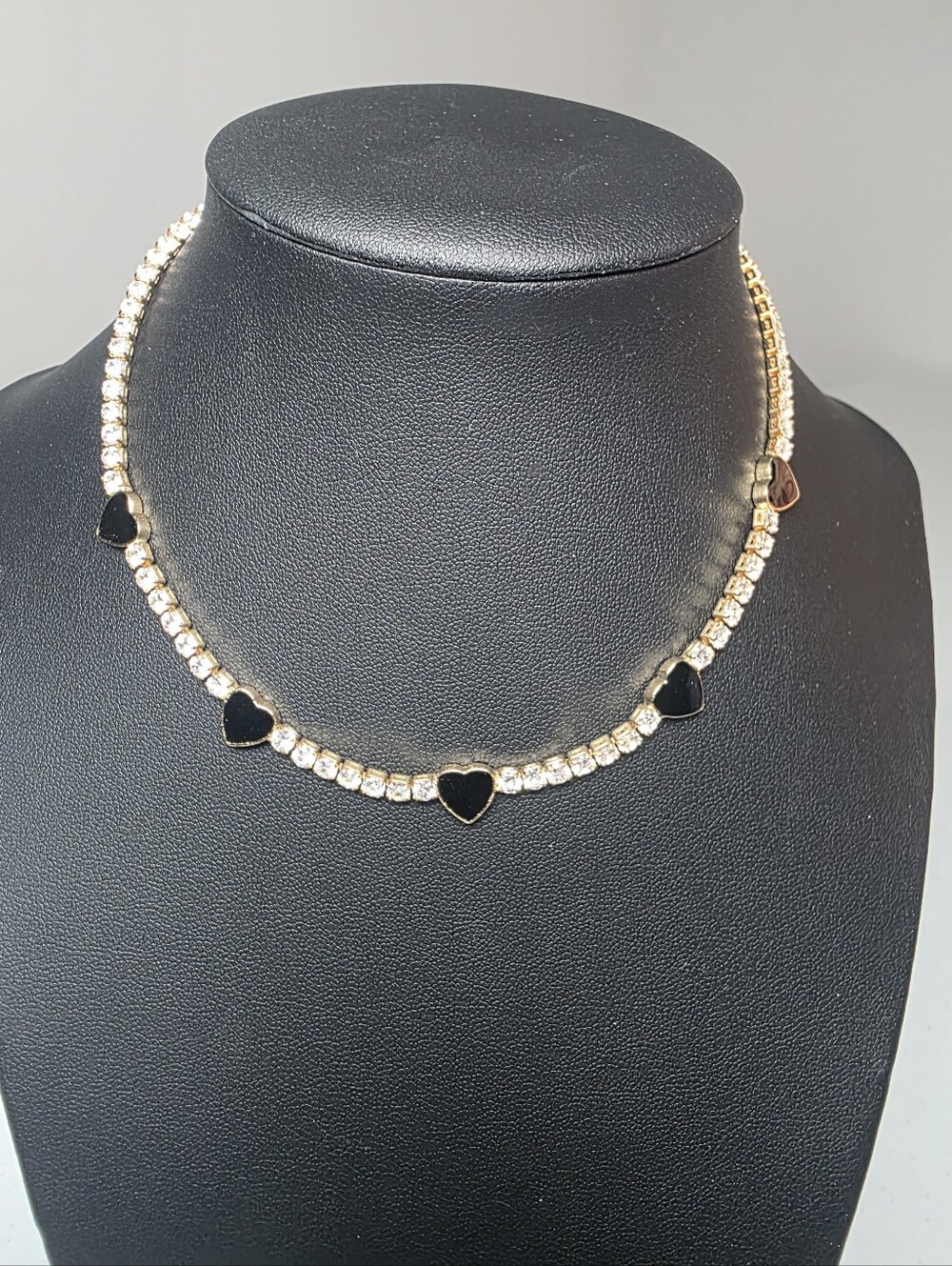 Gold Crystal Heart Choker Necklace with Black Heart Accents